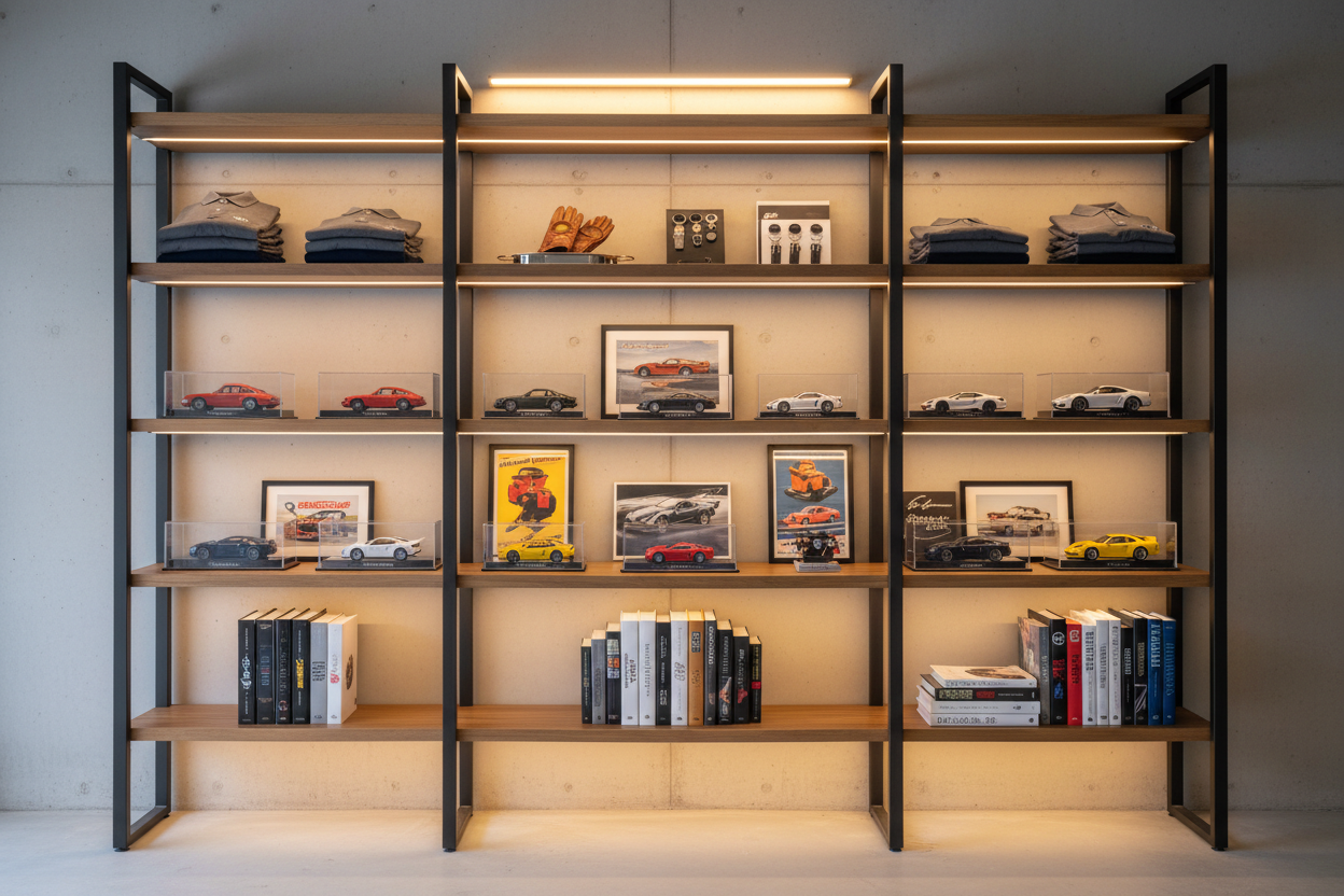 ein Lagerregal in der garage mit A Kuratiertem Apparel, ausgewählte Accessoires, Sammlerstücke und Literatur für Autoliebhaber mit Fahrkultur